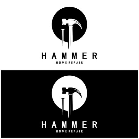 retro vintage crossed hammer and nail logo for home repair services, carpentry, badges, builders, woodworking, construction, vectorのイラスト素材