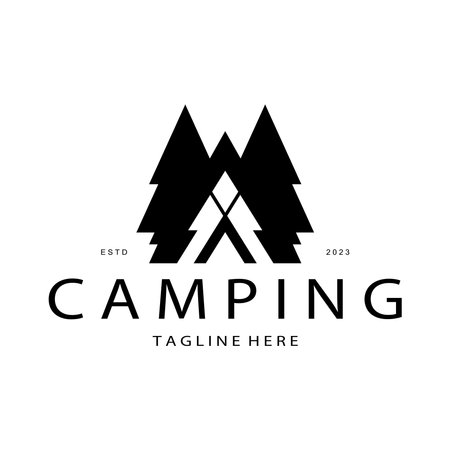 vintage and retro tent logo, camping. With tent, tree and bonfire sign. adventurers, scouts, climbers, camping equipment centerのイラスト素材