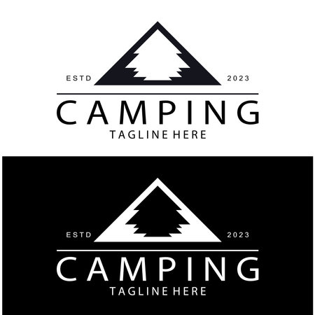 vintage and retro tent logo, camping. With tent, tree and bonfire sign. adventurers, scouts, climbers, camping equipment centerのイラスト素材
