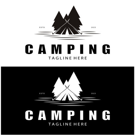 vintage and retro tent logo, camping. With tent, tree and bonfire sign. adventurers, scouts, climbers, camping equipment centerのイラスト素材