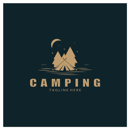 vintage and retro tent logo, camping. With tent, tree and bonfire sign. adventurers, scouts, climbers, camping equipment centerのイラスト素材