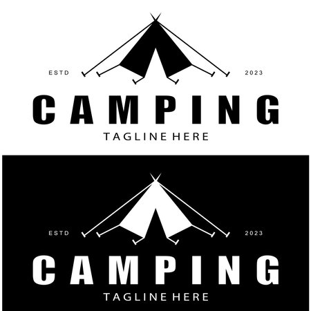 vintage and retro tent logo, camping. With tent, tree and bonfire sign. adventurers, scouts, climbers, camping equipment centerのイラスト素材