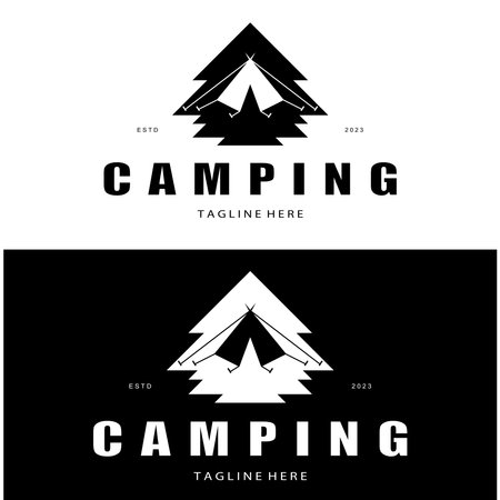 vintage and retro tent logo, camping. With tent, tree and bonfire sign. adventurers, scouts, climbers, camping equipment centerのイラスト素材