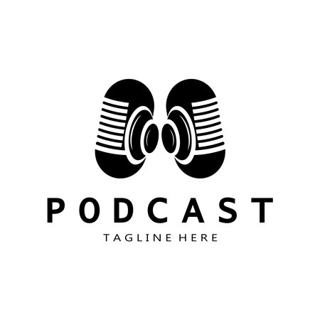podcast logo with microphone and earphone audio, radio waves. for studio, talk show, chat, information sharing, interview, multimedia and web.のイラスト素材