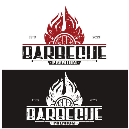 Simple Barbecue Vintage hot grill, with crossed flames and spatula. Logo for restaurant, badge, cafe and bar.vectorのイラスト素材