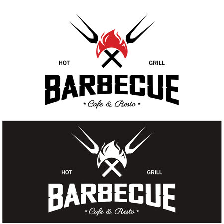 Simple Barbecue Vintage hot grill, with crossed flames and spatula. Logo for restaurant, badge, cafe and bar.vectorのイラスト素材