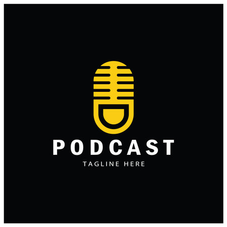 podcast logo with microphone and earphone audio, radio waves. for studio, talk show, chat, information sharing, interview, multimedia and web.のイラスト素材