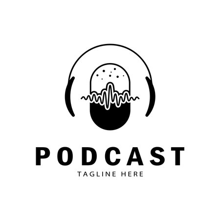 podcast logo with microphone and earphone audio, radio waves. for studio, talk show, chat, information sharing, interview, multimedia and web.のイラスト素材