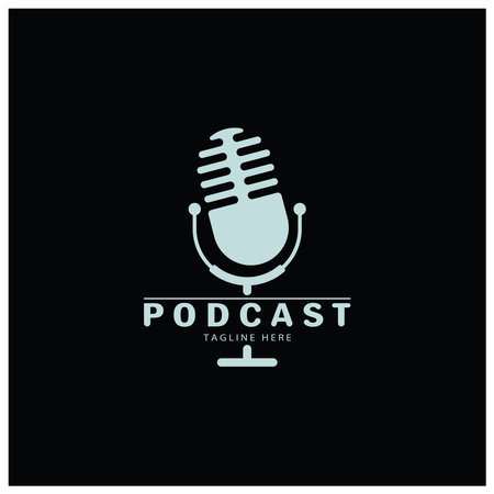 podcast logo with microphone and earphone audio, radio waves. for studio, talk show, chat, information sharing, interview, multimedia and web.のイラスト素材