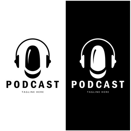 podcast logo with microphone and earphone audio, radio waves. for studio, talk show, chat, information sharing, interview, multimedia and web.のイラスト素材