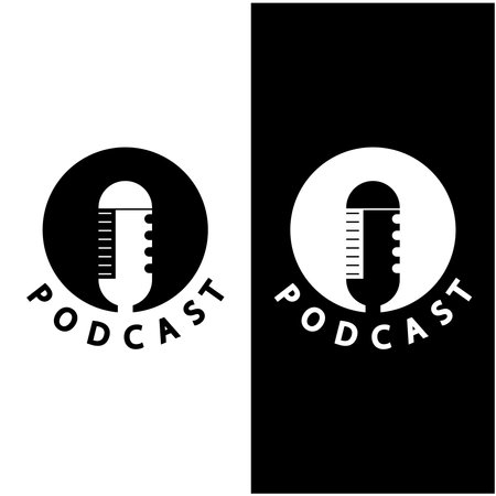 podcast logo with microphone and earphone audio, radio waves. for studio, talk show, chat, information sharing, interview, multimedia and web.のイラスト素材