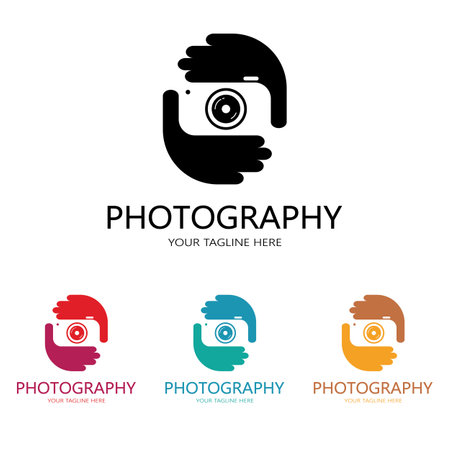 photography camera logo icon vector design template isolated on black backgroundのイラスト素材