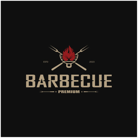 Simple Barbecue Vintage hot grill, with crossed flames and spatula. Logo for restaurant, badge, cafe and bar.vectorのイラスト素材