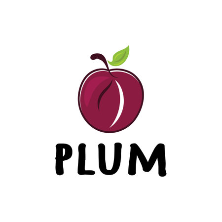 plum fruit logo with leaves, design of plum plantation, fruit shop, plum products, with simple vector editingのイラスト素材
