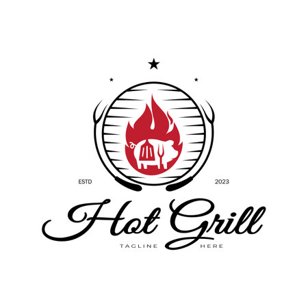 Simple Barbecue Vintage hot grill, with crossed flames and spatula. Logo for restaurant, badge, cafe and bar.vectorのイラスト素材