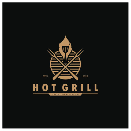 Simple Barbecue Vintage hot grill, with crossed flames and spatula. Logo for restaurant, badge, cafe and bar.vectorのイラスト素材
