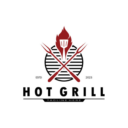 Simple Barbecue Vintage hot grill, with crossed flames and spatula. Logo for restaurant, badge, cafe and bar.vectorのイラスト素材