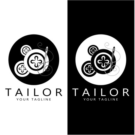 tailor logo icon illustration template combination of buttons for clothes, thread and sewing machine, for clothing product design, convection companies, fashion in vector formのイラスト素材