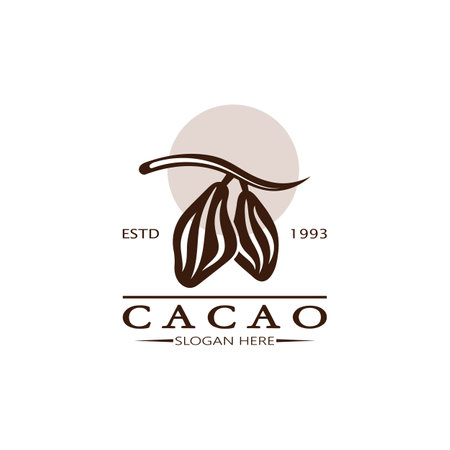 cocoa logo,cocoa bean,cocoa tree,cocoa branches and leaves,chocolate mix on white background,vintage,modern,simple,minimalist icon illustration template design vectorのイラスト素材