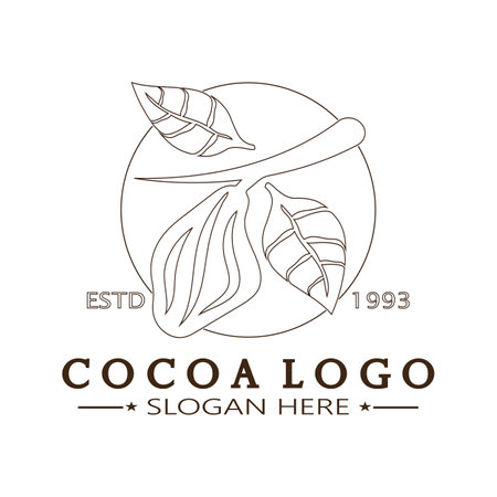 cocoa logo,cocoa bean,cocoa tree,cocoa branches and leaves,chocolate mix on white background,vintage,modern,simple,minimalist icon illustration template design vectorのイラスト素材