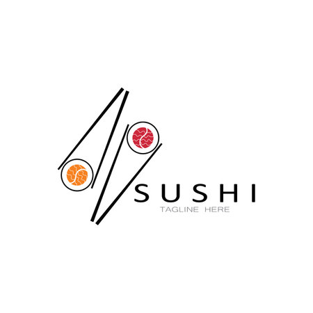 Sushi logo template.Vector Icon Style Illustration Bar or Shop, Sushi,Salmon Roll,Sushi and rolls with chopstick bar or restaurant vector logo templateのイラスト素材