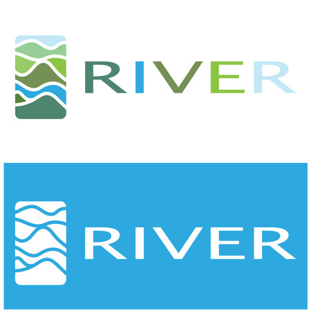 River logo, creeks, riverbanks and streams, with combination of mountains and farmland with vector concept design.のイラスト素材