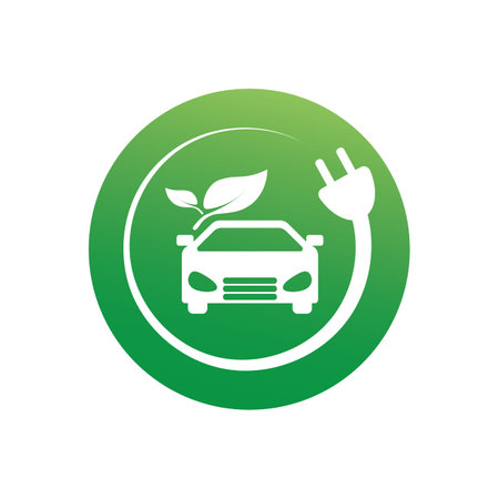 environmentally friendly car logo design and electric car technology, a green color combination, there are also plug and lightning elementsのイラスト素材