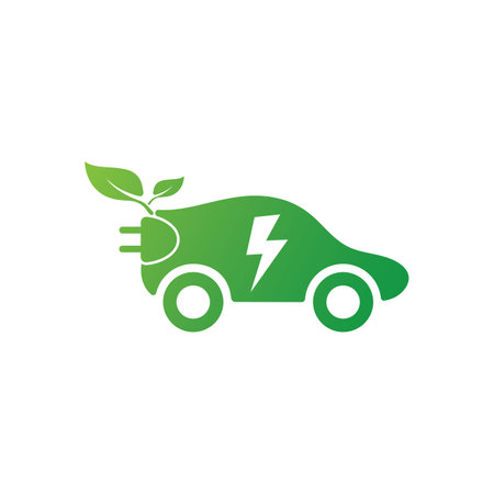 environmentally friendly car logo design and electric car technology, a green color combination, there are also plug and lightning elementsのイラスト素材