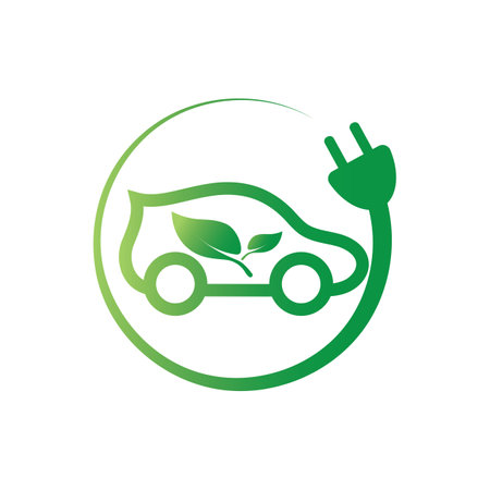 environmentally friendly car logo design and electric car technology, a green color combination, there are also plug and lightning elementsのイラスト素材