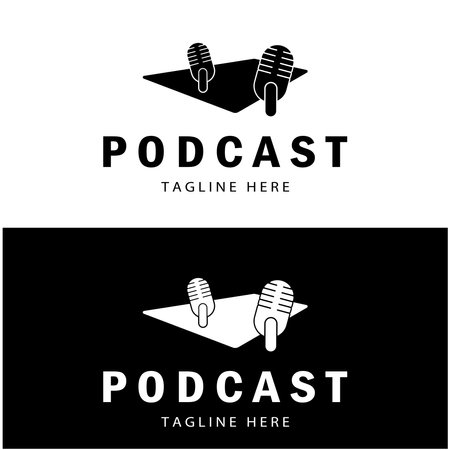 podcast logo with microphone and earphone audio, radio waves. for studio, talk show, chat, information sharing, interview, multimedia and web.のイラスト素材