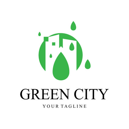green and healthy modern city with leaf logo design for business, property, building, eco city, future city, architect, environmentally friendlyのイラスト素材