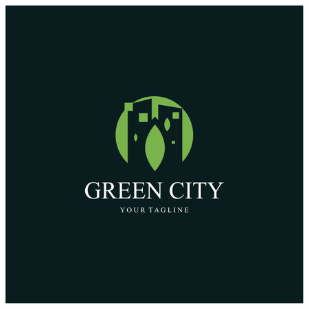 green and healthy modern city with leaf logo design for business, property, building, eco city, future city, architect, environmentally friendlyのイラスト素材