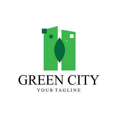 green and healthy modern city with leaf logo design for business, property, building, eco city, future city, architect, environmentally friendlyのイラスト素材