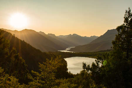 Sunset panorama over two lakes
