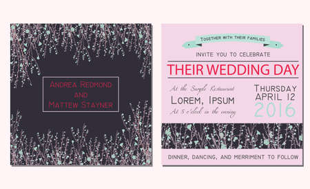 Wedding invitation card with floral background and decorated with hand drawn branch of flaxのイラスト素材