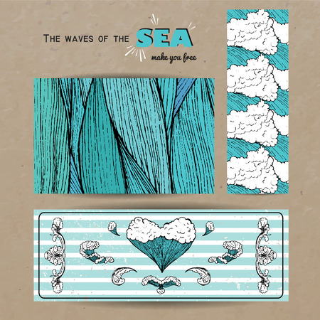 marine banner collection. hand drawn sea waves decoration. cute cartoon styleのイラスト素材