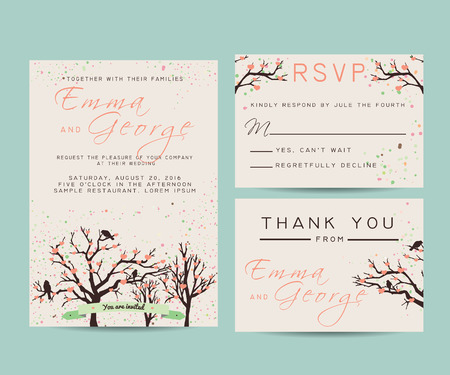 beautiful wedding invitation set with trees and branches, decorated with confetti and heartsのイラスト素材
