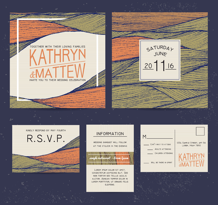 wedding invitation set with rsvp card. beautiful wavy ornament backgroundのイラスト素材