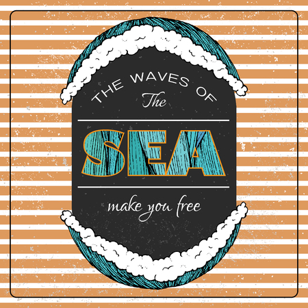 marine poster. hand drawn sea waves decoration. cute cartoon styleのイラスト素材