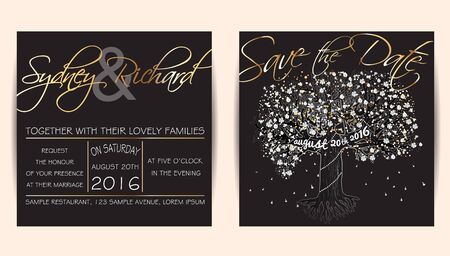 Beautiful wedding set, decorated with blooming tree. Vintage invitation template, golden glitter designのイラスト素材