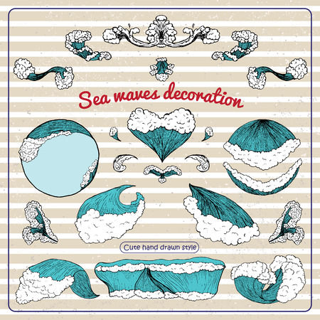 hand drawn sea waves decoration. cute cartoon styleのイラスト素材