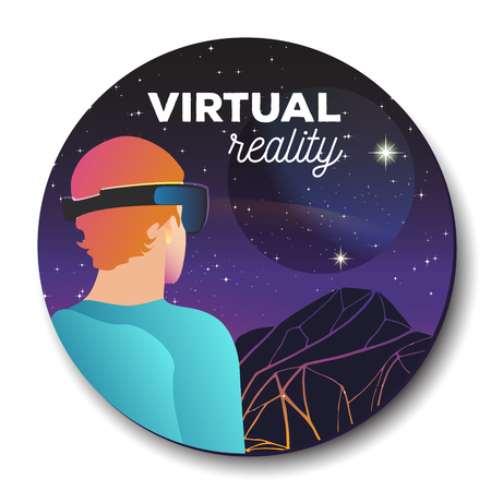 Man in virtual reality. Vector illustration. Beautiful cosmic background.のイラスト素材