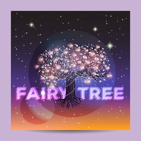 Blooming tree, decorated with glowing lights and flowers. Beautiful cosmic background.のイラスト素材