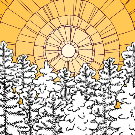Winter illustration with geometric background and snowy forest.のイラスト素材