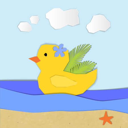 Summertime illustration. Duck swimming in the sea. Paper cut designのイラスト素材
