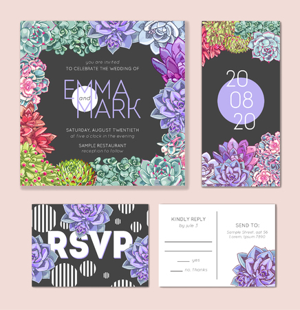 Floral wedding invitation set. Collection of different invite cards decorated with succulents. Save the date, rsvp vector cards. Botanical illustration.のイラスト素材