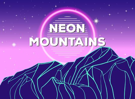 Vector poster with geometric mountain and neon circle. Modern abstract background.のイラスト素材