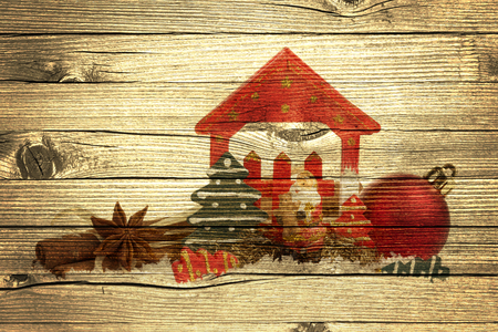 Christmas decoration with presents on wood boardの写真素材