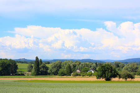 beautiful landscape with clouds, trees and fieldsの写真素材