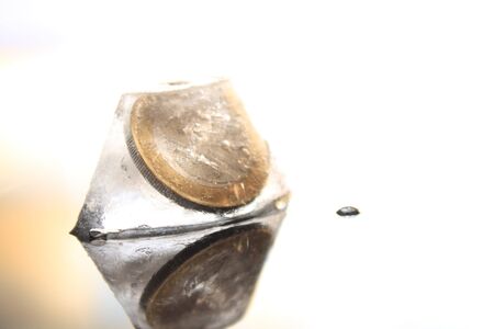 a 1 Euro coin in the ice cube without backgroundの写真素材